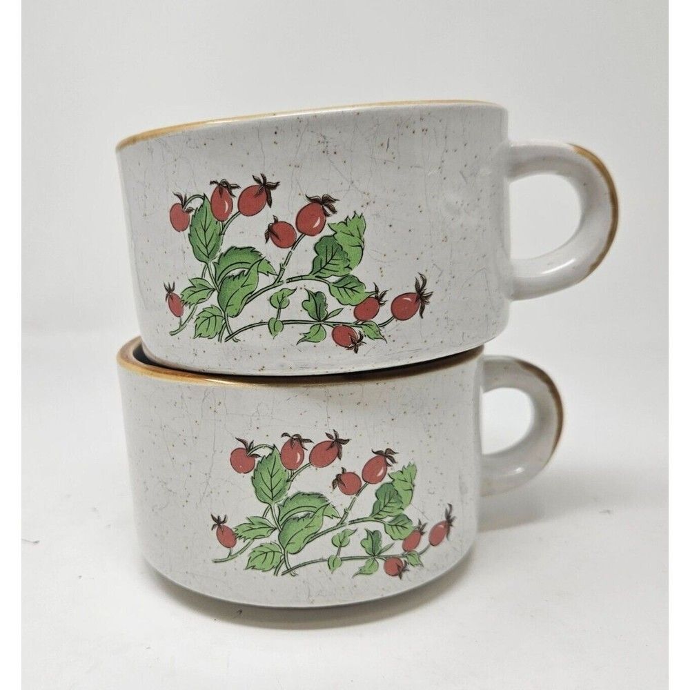 Vintage Soup Mugs Set Of 2 Brown Speckled Stoneware Strawberries Cottagecore